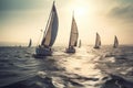 a group of sailboats in the ocean on a sunny day