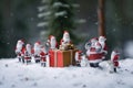 Group of Santa Clauses in snowy forest on Christmas New Year Day, fabulous creatures. AI generated