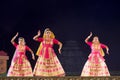 Group of Sattriya Dancers performing Sattriya Dance on stage at Konark Temple, Odisha, India.An assamese classical indian dance. Royalty Free Stock Photo