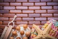 Group of sauna items on textured wooden table mat healthcare con Royalty Free Stock Photo