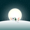 Group of scandinavian gnomes and snowman are walking in front of full moon - Christmas winter background