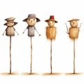 Four Wooden Scarecrow Men In Winter Hats - Childlike Illustrations