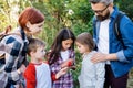 Group of school children with teacher on field trip in nature, learning science. Royalty Free Stock Photo
