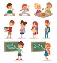 Group school kids going study together, childhood happy primary education character vector.