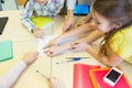 Group of school kids pointing fingers to test