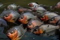 A group of a school of predatory tropical piranha fish. Freshwater exotic fauna of the Amazon. AI generated.