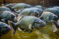 A group of a school of predatory tropical piranha fish. Freshwater exotic fauna of the Amazon. AI generated.