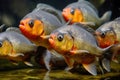 A group of a school of predatory tropical piranha fish. Freshwater exotic fauna of the Amazon. AI generated.