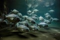 A group of a school of predatory tropical piranha fish. Freshwater exotic fauna of the Amazon. AI generated.