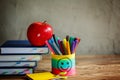 Group of school supplies and books and red apple over on background.School, stationary, equipment. Royalty Free Stock Photo