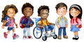 a group of schoolchildren of different nationalities. theme back to school, inclusiveness. child in a wheelchair. Royalty Free Stock Photo