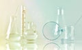 Group of scientific laboratory glassware with clear liquid solution, Research and development