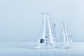 Group of scientific laboratory glassware with clear liquid solution, Science research Royalty Free Stock Photo