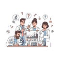Four scientists in lab coats analyzing data with question marks and lab equipment around them Royalty Free Stock Photo
