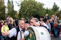 A group of Scottish drummers have fun after the parade