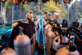 Scuba divers getting ready for diving on a boat full of equipment, Thailand Royalty Free Stock Photo