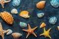 A group of sea shells and starfish on a black surface. AI generative image Royalty Free Stock Photo