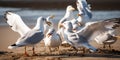 A group of seagulls fighting over a piece of bread on a beach, concept of Feeding Hierarchy, created with Generative AI Royalty Free Stock Photo