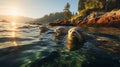 A group of seals lounging on a rocky shore, basking in the sun. Royalty Free Stock Photo