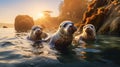 A group of seals lounging on a rocky shore, basking in the sun. Royalty Free Stock Photo