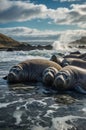 Northern Elephant Seals Resting on Rocky Shore, Ocean Waves Crashing Royalty Free Stock Photo