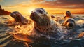 A group of seals swimming in the ocean. Generative AI