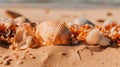 A group of seashells on a sandy beach. Generative AI image. Royalty Free Stock Photo
