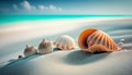 a group of seashells on a sandy beach near the ocean. generative ai Royalty Free Stock Photo