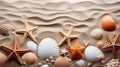 a group of seashells and starfish on sand Royalty Free Stock Photo
