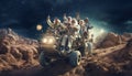 A group of seasoned astronauts traverses the Martian terrain in a state-of-the-art rover, embodying a blend of wisdom