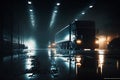 Group of semi trucks driving down wet road at night with lights on. Generative AI Royalty Free Stock Photo