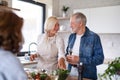 Group of senior friends at dinner party at home, cooking. Royalty Free Stock Photo