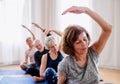 Group of senior people doing yoga exercise in community center club. Royalty Free Stock Photo