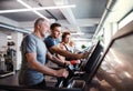 A group of seniors in gym with a young trainer doing cardio work out.