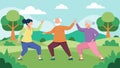 A group of seniors participating in a Tai Chi class in the park moving slowly and mindfully in harmony with nature