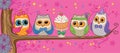 Set, family of cute funny owls and cake on tree. Happy birthday or party card for friends. Children cartoon fairytale illustration Royalty Free Stock Photo