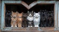 Group of seven fluffy cats sitting in an old wooden window frame Royalty Free Stock Photo