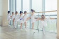 Group of seven little ballerinas standing in row and practicing Royalty Free Stock Photo