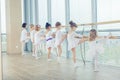 Group of seven little ballerinas standing in row and practicing Royalty Free Stock Photo