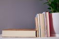 Group of several reading books, one of them lying down and the other books standing on the biggest book, all of them on a grey Royalty Free Stock Photo