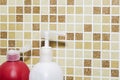 Group of shampoo bottles in a bathroom.