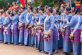 Group of Shan or Tai Yai ethnic group living in parts of Myanmar and Thailand in tribal dress do native dancing in Shan New Year