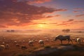 A group of sheep is peacefully grazing on a vibrant, grassy field, Vast plains featuring herds of grazing animals at dawn, AI Royalty Free Stock Photo