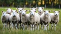 Group of sheep standing in a field. Livestock farming and agriculture concept Royalty Free Stock Photo