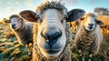 A group of sheep standing together on lush, green grass in a field Royalty Free Stock Photo