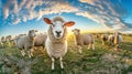 A group of sheep standing together on top of a field covered in lush green grass Royalty Free Stock Photo