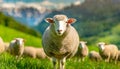 Herd of Sheep Standing on Top of Lush Green Field. Generative AI Royalty Free Stock Photo