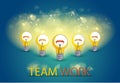 Group of shining light bulbs represents idea of creative people teamwork having ideas working together, creative team concept,