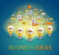 Group of shining light bulbs and set of icons, business ideas creative concept, teamwork, business team. Royalty Free Stock Photo