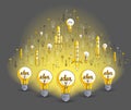 Group of shining light bulbs and set of icons, business ideas creative concept, teamwork, business team. Royalty Free Stock Photo